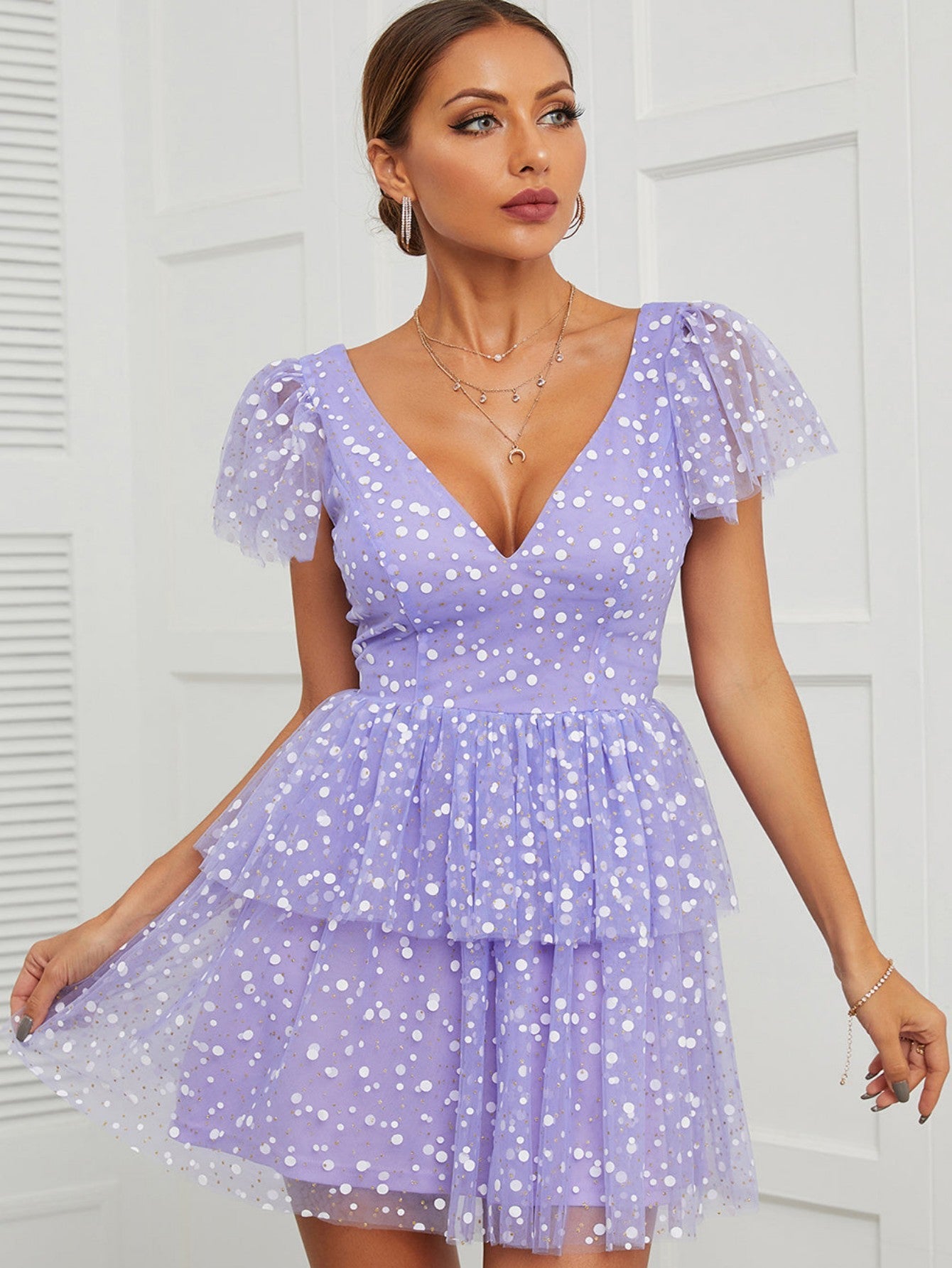 Champagne A Line V Neck Short Graduation Homecoming Party Dress - Fashionpara