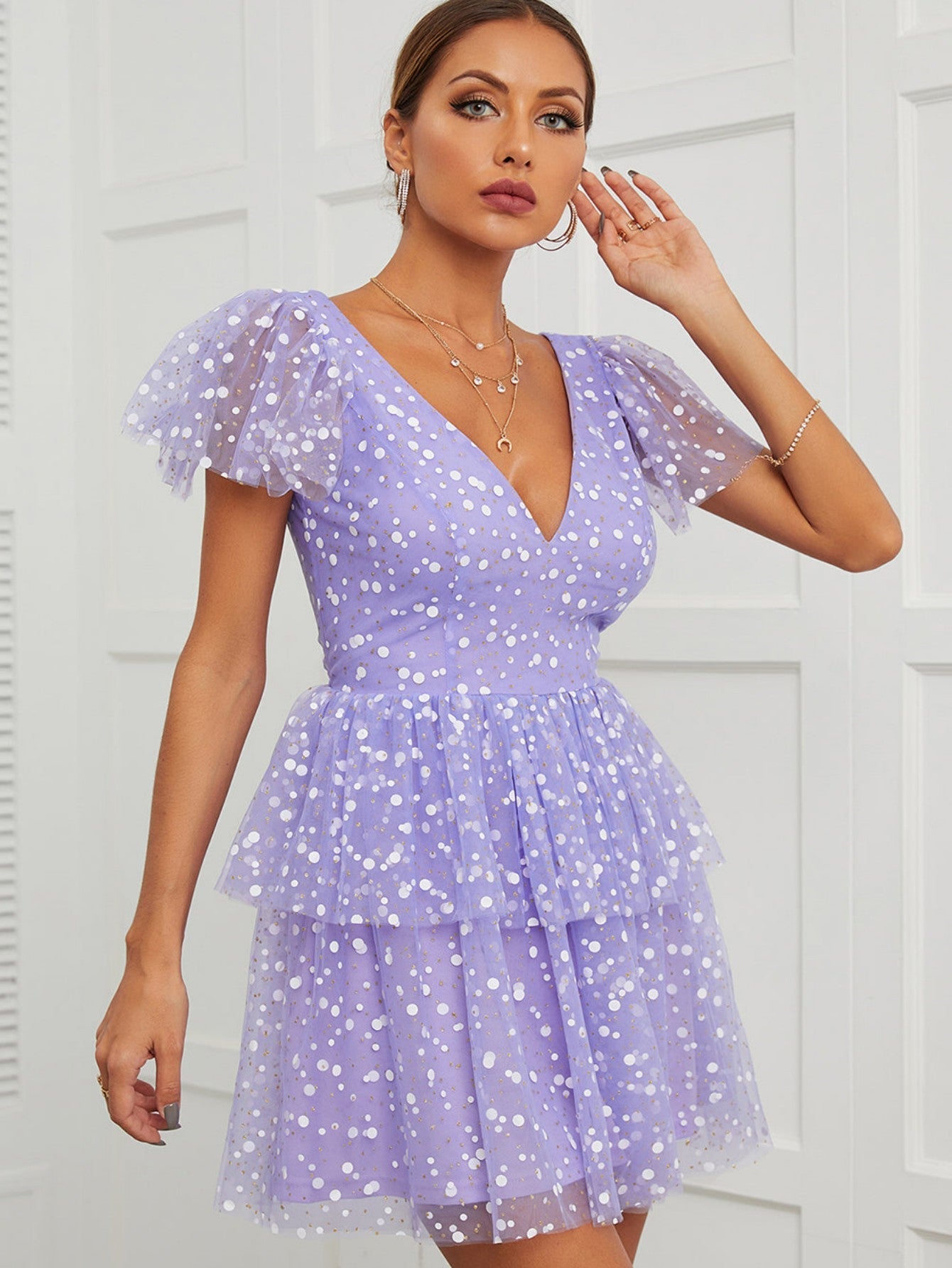 Champagne A Line V Neck Short Graduation Homecoming Party Dress - Fashionpara