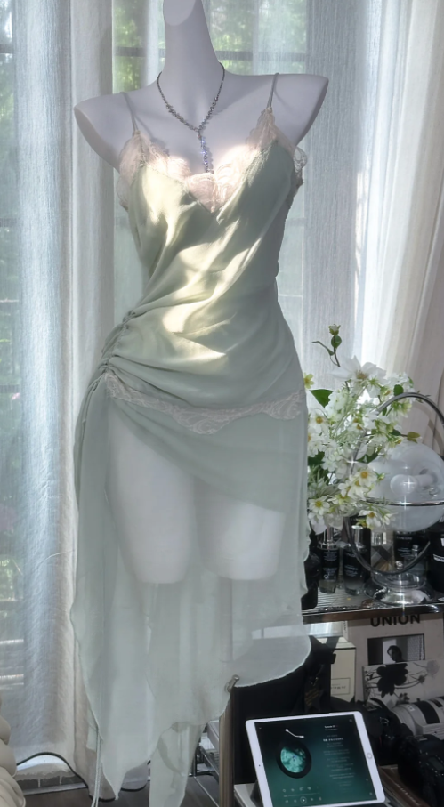 Sexy Light Green Chiffon Lace Pleated Mermaid Long Party Dress Prom Dresses - View 2 | FashionDia