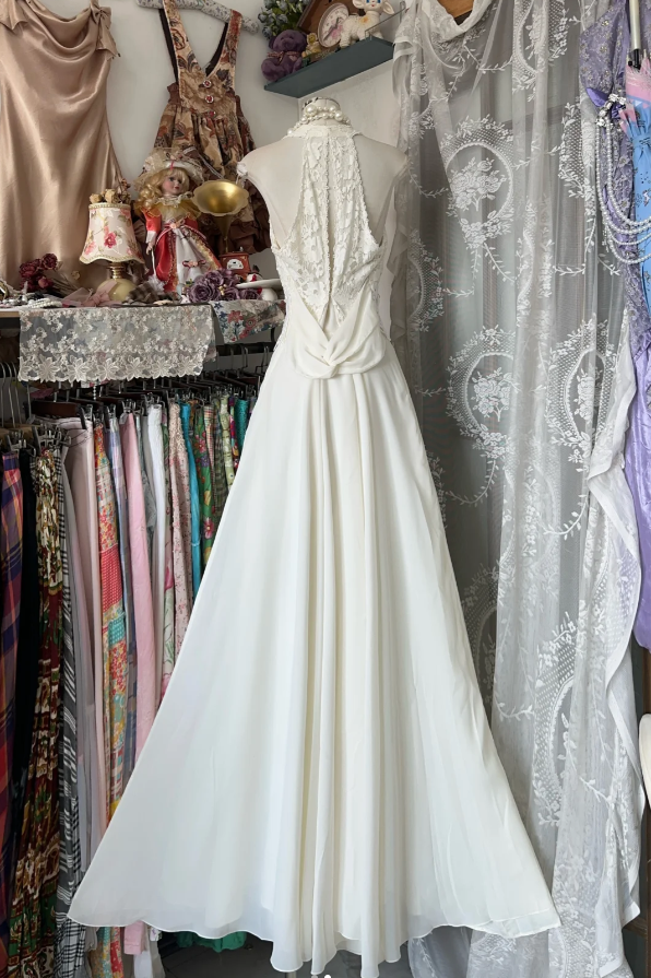 Elegant Halter V-Neck Lace Chiffon Mermaid Evening Dress White Long Party Dress - View 2 | FashionDia