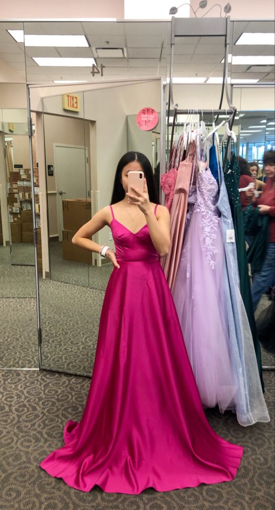 Fuchsia V Neck Straps A-line Satin Long Prom Dress