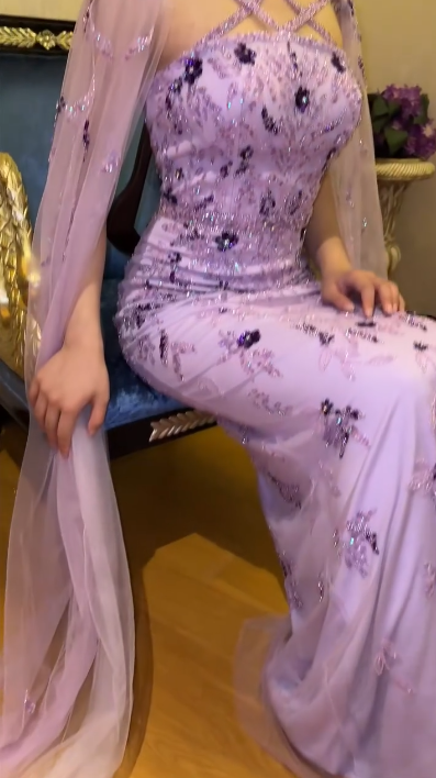 Gorgeous Lavender Tulle Satin Beaded Sheath Long Prom Dress Formal Birthday Party Dress