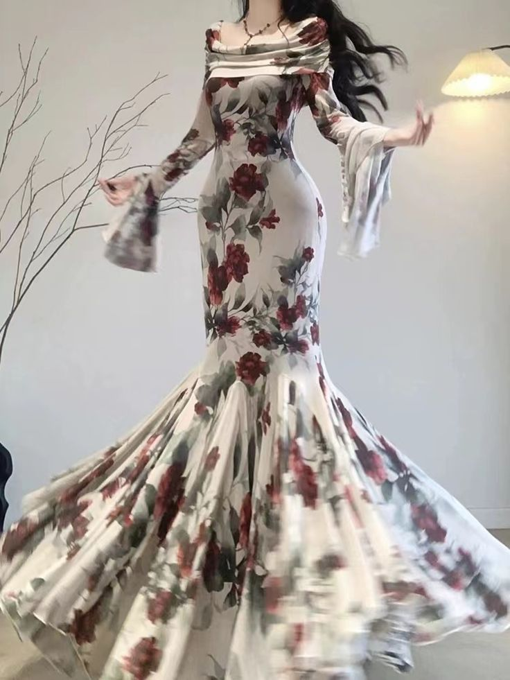 Vintage Mermaid Print Floarl Evening Dress Formal Prom Dress - FashionDia