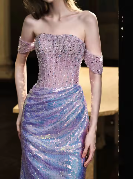 Glitter Off Shoulder Beaded Sequin Mermaid Prom Purple Formal Evening Gown Y8182 - View 3 | VelvetHem