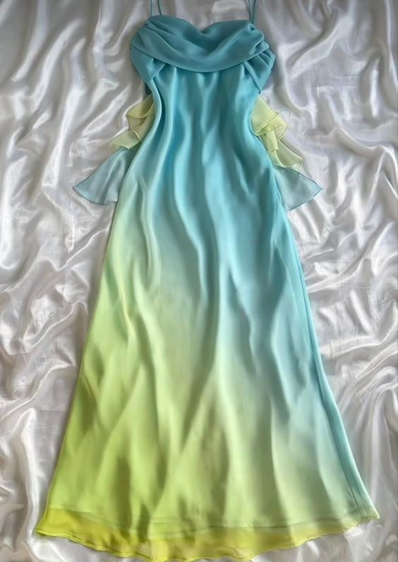 Classy Sheath Ombre Blue Long Chiffon Prom Dress Spaghetti Straps Evening Dress - View 2 | FashionDia