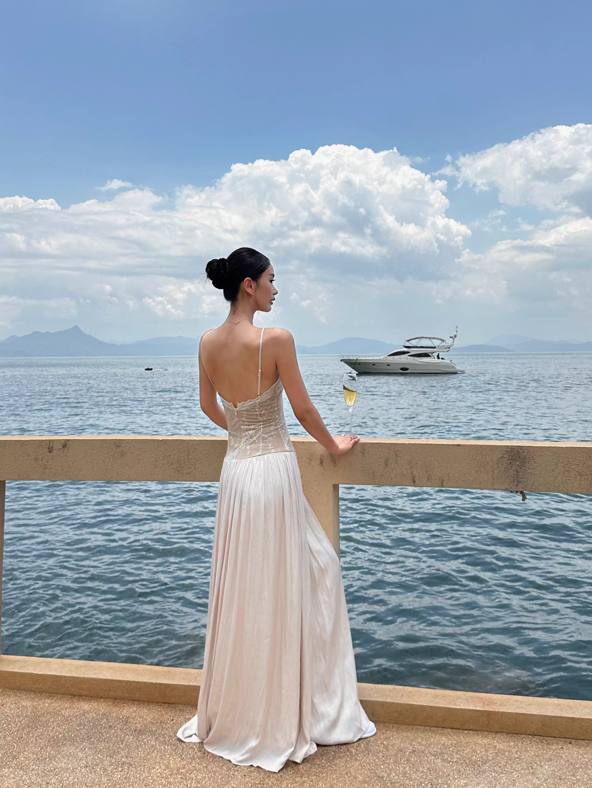 Unique Apricot Spaghetti Straps V-Neck Lace Satin A-Line Long Evening Dress Party Gown - View 5 | FashionDia