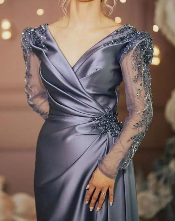 Evening Formal Dresses Long Sleeves V-Neck Beaded Elegant Women Wear Prom Dresses - FashionDia
