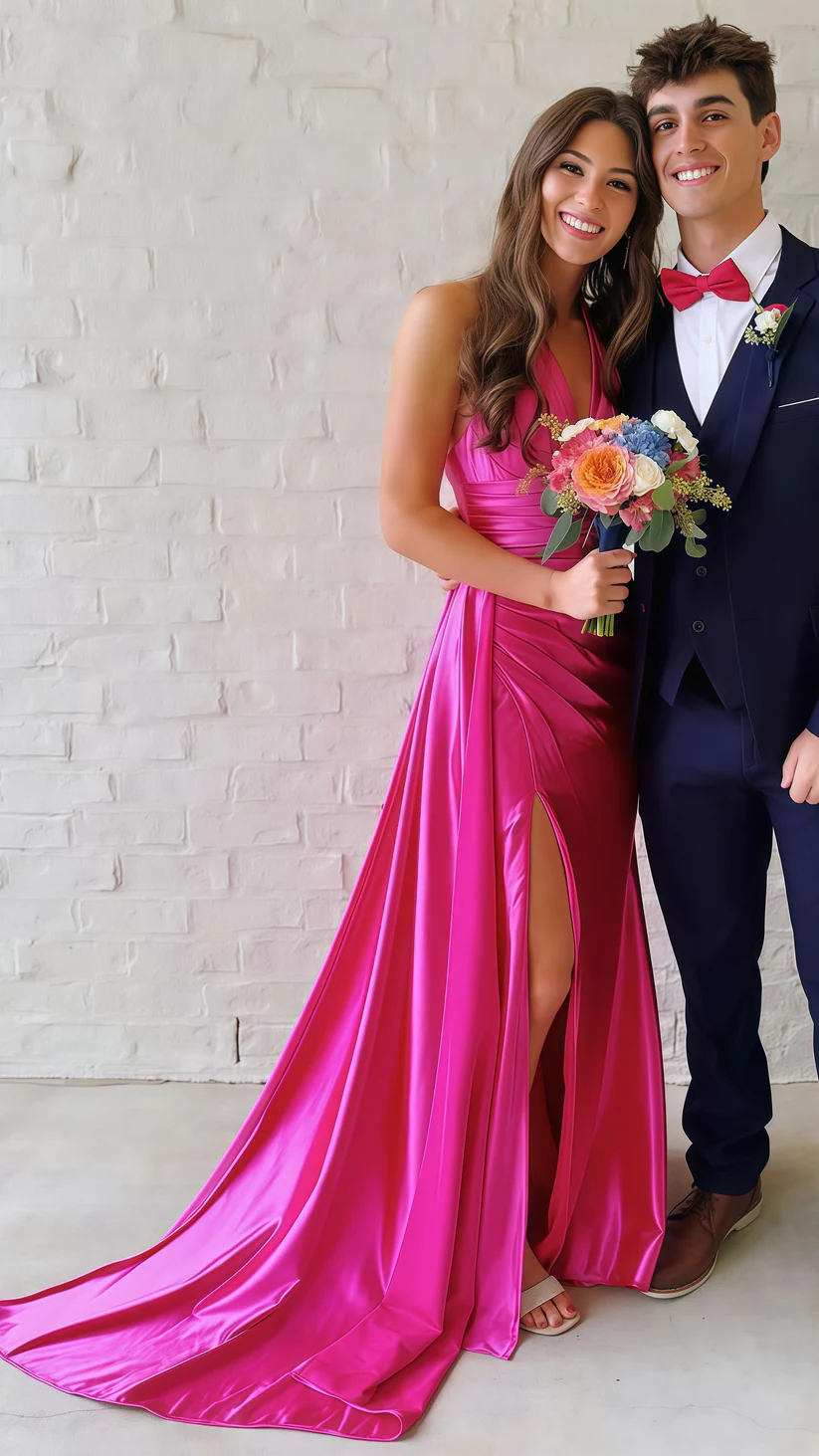 Pretty V Neck Satin Ruched Mermaid Evening Dress,Hot Pink Slit Prom Party Gown