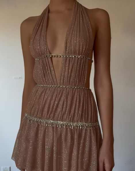 Shiny Halter Deep V Tulle Beaded Short 7th Grade Homecoming Dress Sexy Cocktail Dress - View 5 | FashionDia