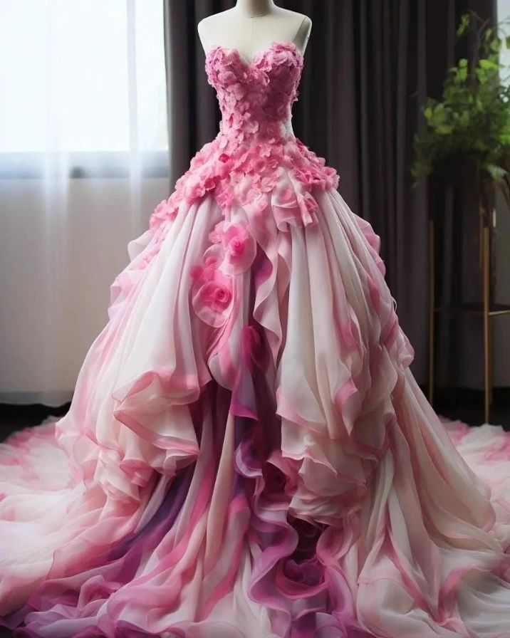 Gorgeous Ombre Pink Sweetheart Chiffon Appliques Ball Gown,Strapless Prom Evening Dress