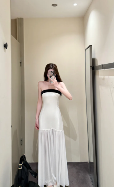 dion lee linear crepe pleat strapless dress New Pretty French-style Elegant Summer Women's Long perfect for Weddings or Size:17-171/2  34-35 Black Silk Pearl Strap 2026/1/5