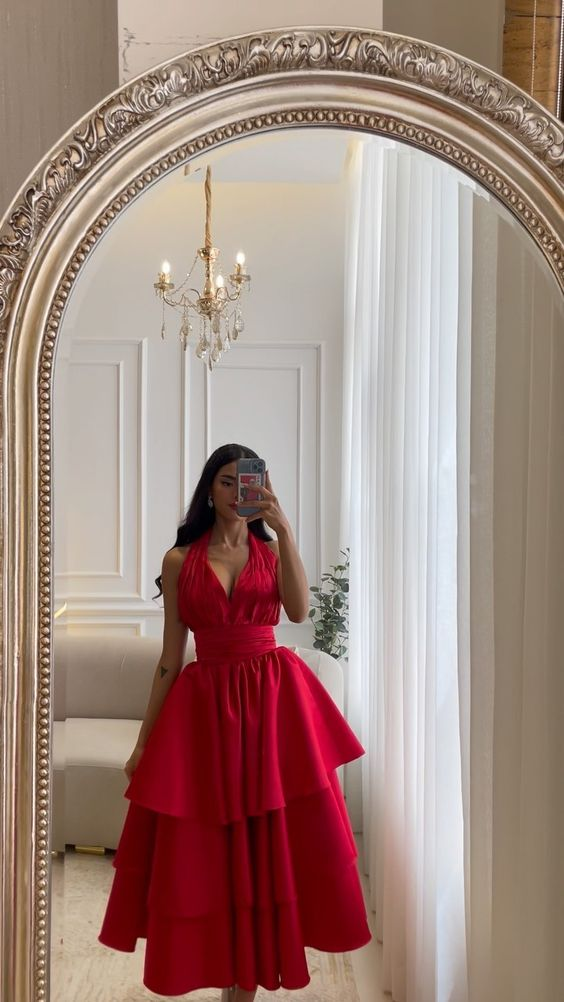 Red Prom Dresses Saudi Arabia Dubai Evening Dress V-Neck Tiered A-Line Sleeveless Floor-Length - FashionDia