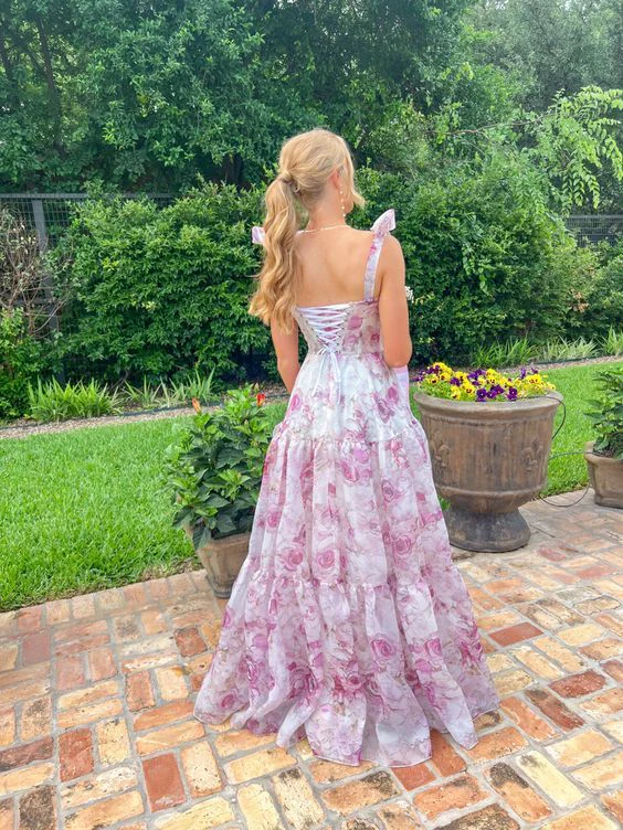 Classy Rose Print Floral Chiffon A-Line Prom Evening Dress,Long Party Gown - View 5 | FashionDia