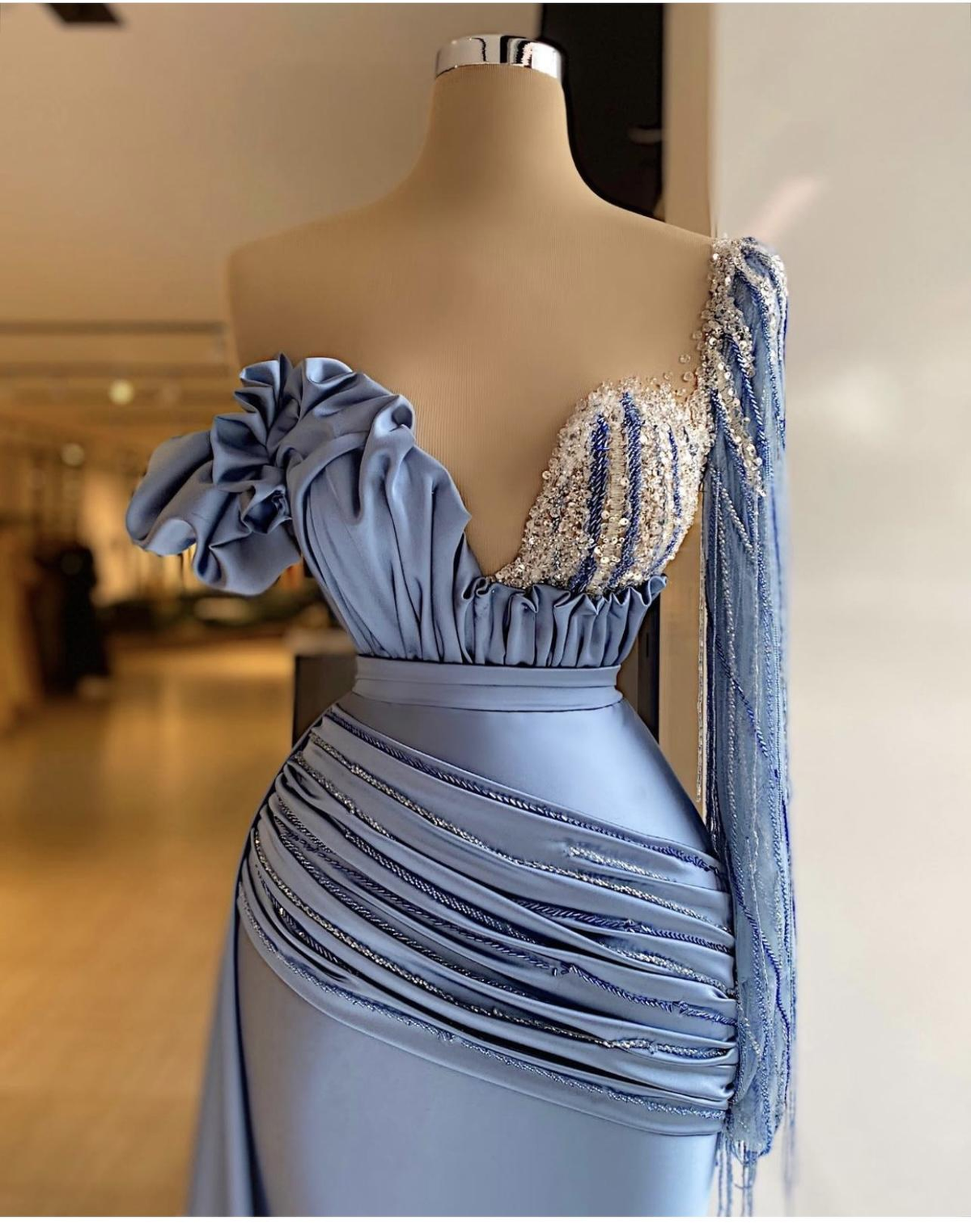 One-Shoulder Blue Mermaid Evening Dresses Crystal Long Sleeve Beaded Formal Prom Dress Custom Made Plus Size Pageant Wear Party Dress - View 2 | FashionDia