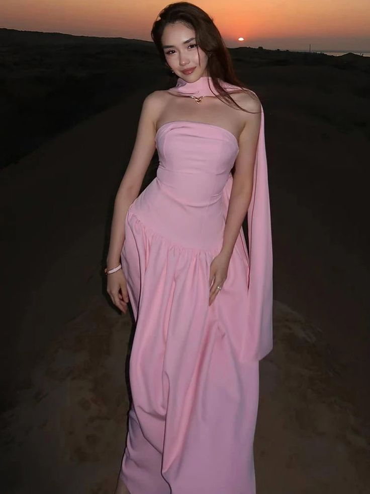 Classy Sleeveless Pink Satin Strapless Long Party Dress Prom Dress With Scarf - FashionDia