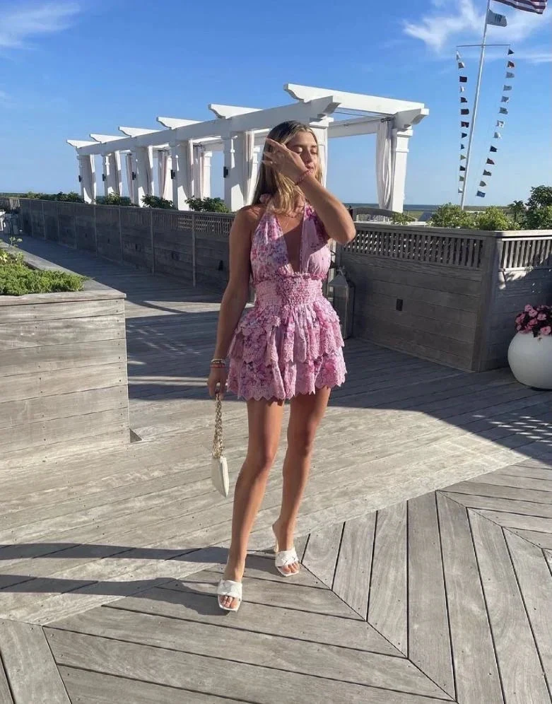 Halter Neckline Floral Print Homecoming Dress (ZD12002)