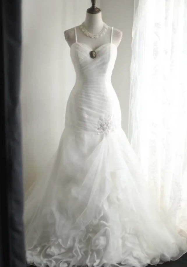 Charming Spaghetti Straps White Irregular Satin Organza Mermaid Princess Wedding Dress Long Bridal Gowns - FashionDia