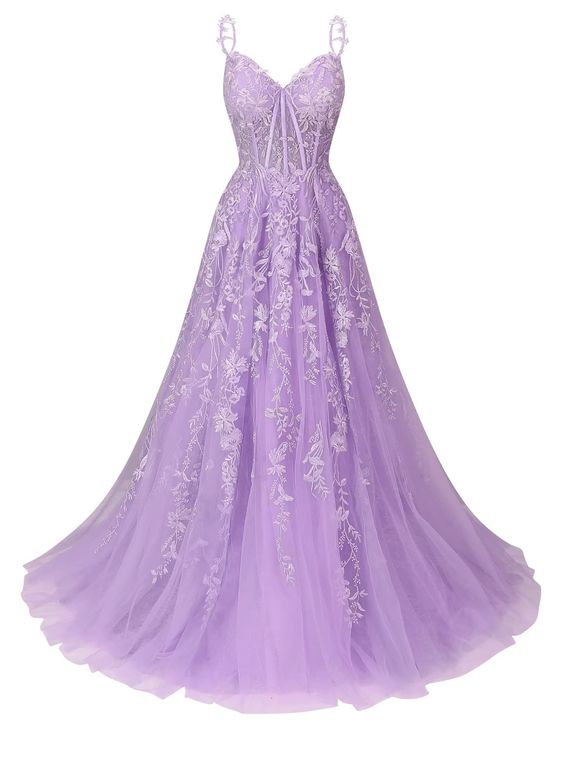 Tulle Lace Applique Prom Dress Long for Women Spaghetti Straps A-Line Evening Dress Y6196 - VelvetHem