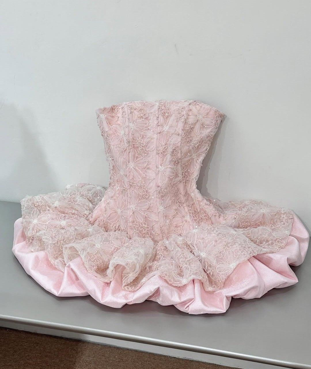 Cute Pink Strapless Lace Satin A-Line Short Homecoming Dress 21st Birthday Party Dress - FashionDia