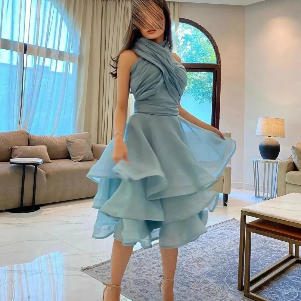 Dusty Blue Organza Short Prom Dresses A Line Halter Formal Homecoming Dress Tiered Skirt Women Evening Party Gowns