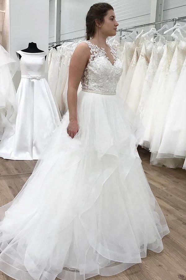 A-line Appliques Ruffles Organza Floor Length Wedding Dress (ZD15370)