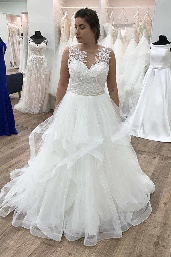 A-line Appliques Ruffles Organza Floor Length Wedding Dress (ZD15370)