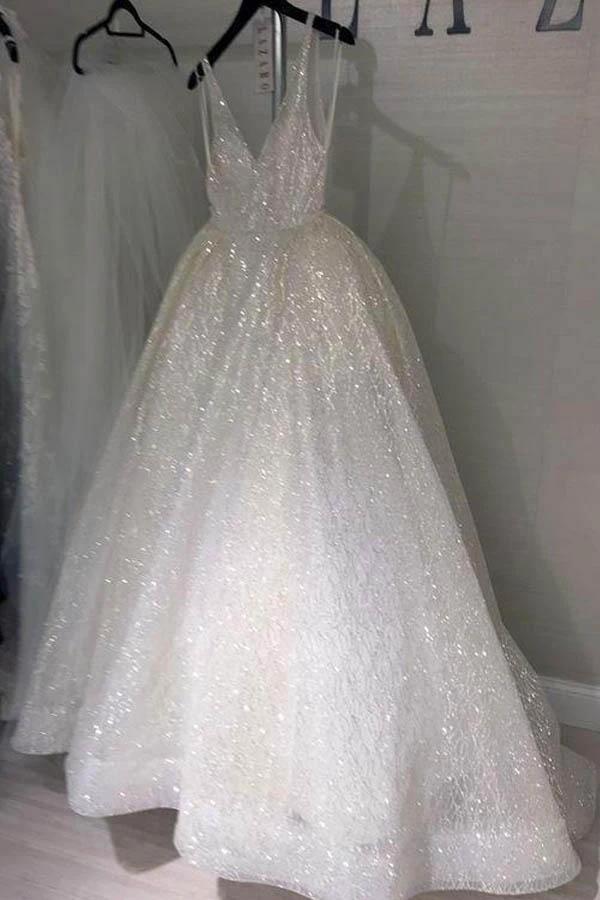 A Line Backless Beach Wedding Dress V Neck Sequins Ivory Wedding Gowns (ZD16033) - View 4 | VelvetHem