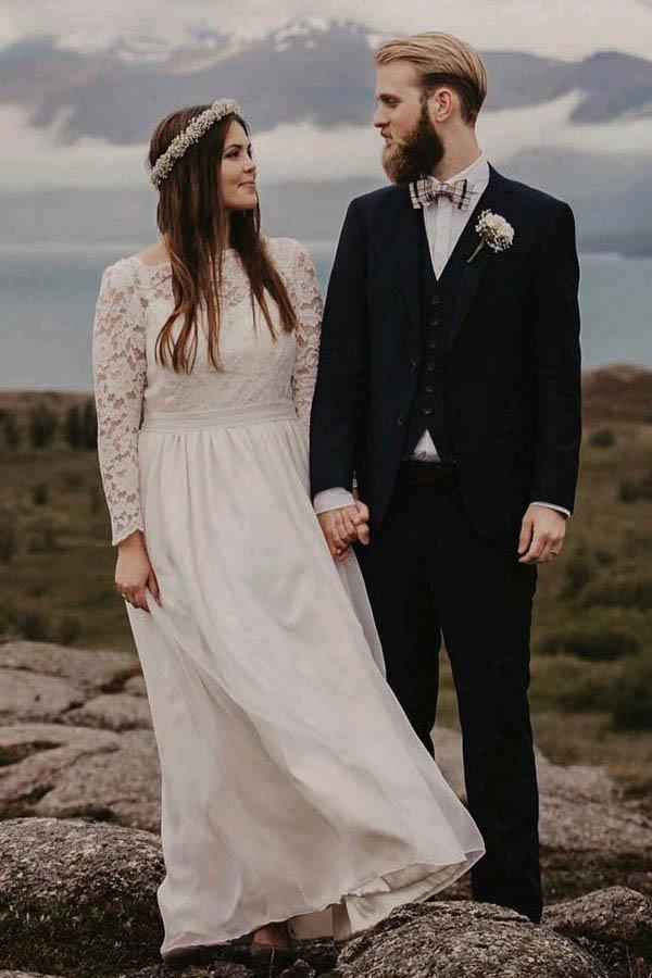 A-Line Bateau Floor Length Chiffon Wedding Dress with Long Sleeves (ZD15390)