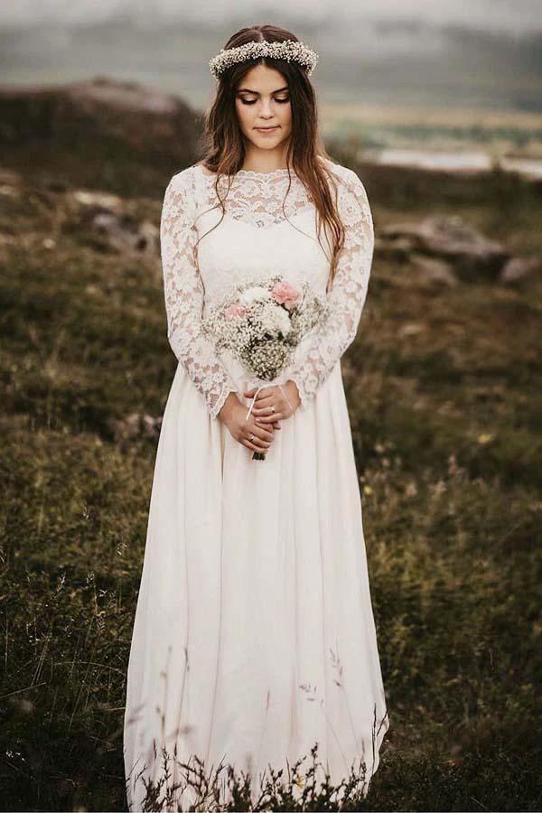 A-Line Bateau Floor Length Chiffon Wedding Dress with Long Sleeves (ZD15390)