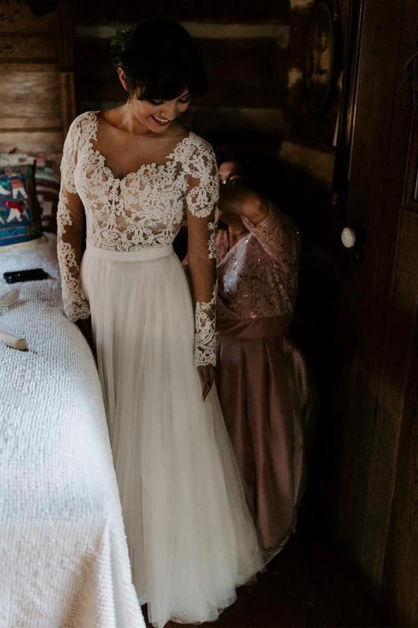 A Line Bateau Long Sleeve Rustic Lace Wedding Dresses Bridal Dress (ZD16272)