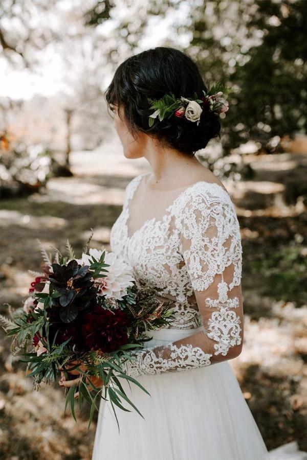 A Line Bateau Long Sleeve Rustic Lace Wedding Dresses Bridal Dress (ZD16272)