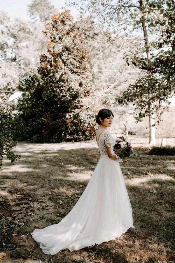 A Line Bateau Long Sleeve Rustic Lace Wedding Dresses Bridal Dress (ZD16272) - View 6 | VelvetHem