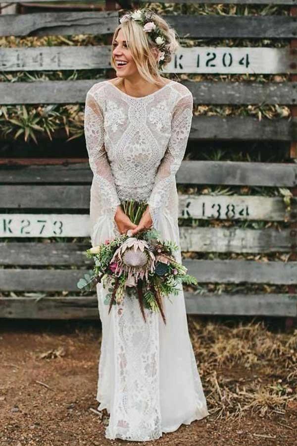 A-Line Bateau Long Sleeves Backless Chiffon Wedding Dress with Lace WD365 by pgmdress