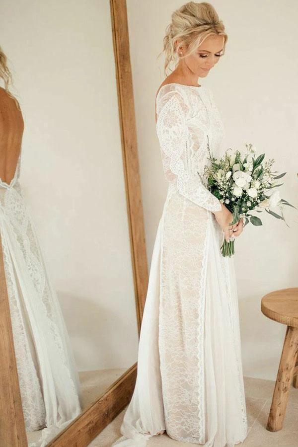 A-Line Bateau Long Sleeves Backless Chiffon Wedding Dress with Lace WD365 by pgmdress
