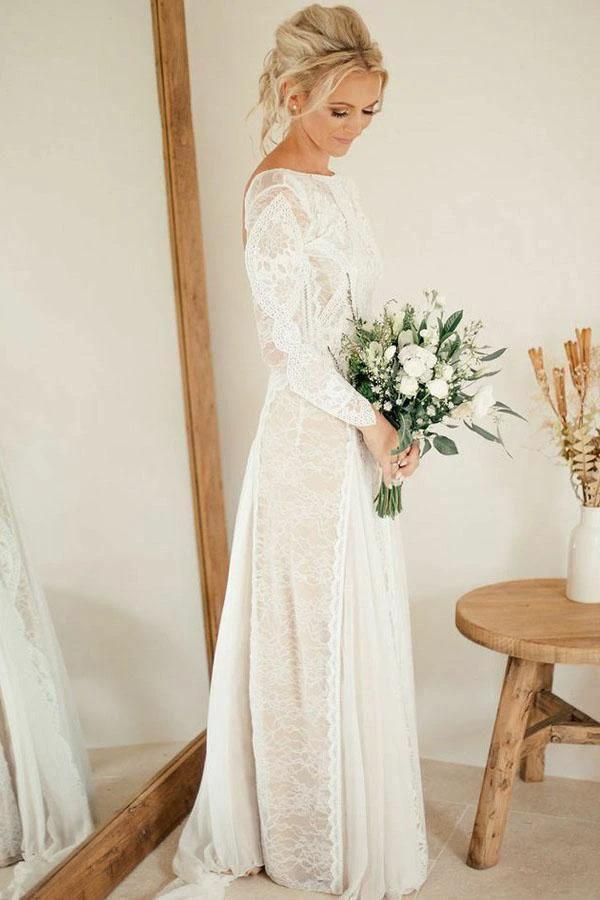 Sheath Bateau Long Sleeves Backless Chiffon Wedding Dress with Lace (ZD16017) - View 2 | VelvetHem