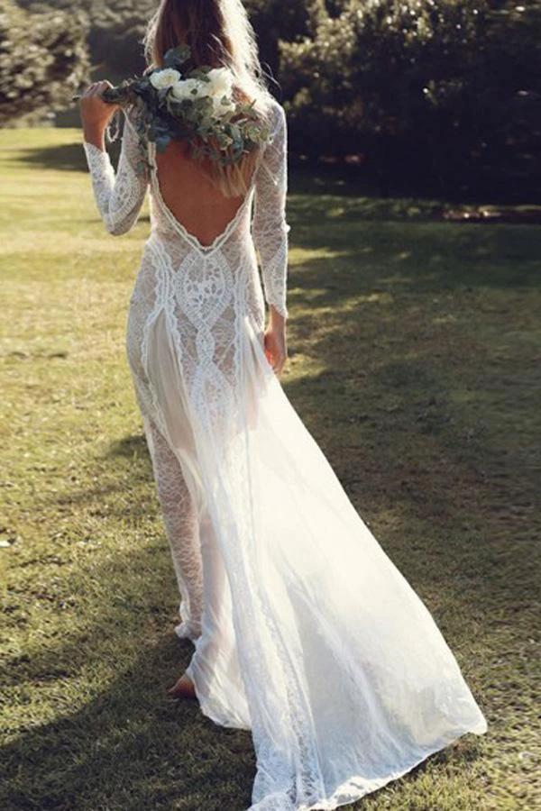 Sheath Bateau Long Sleeves Backless Chiffon Wedding Dress with Lace (ZD16017)