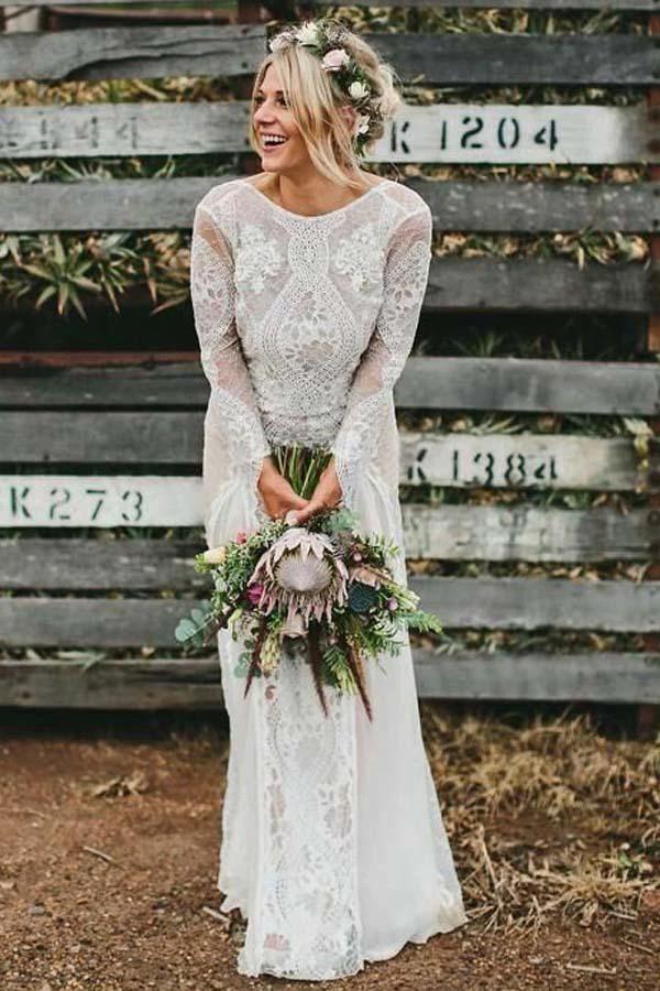 Sheath Bateau Long Sleeves Backless Chiffon Wedding Dress with Lace (ZD16017)