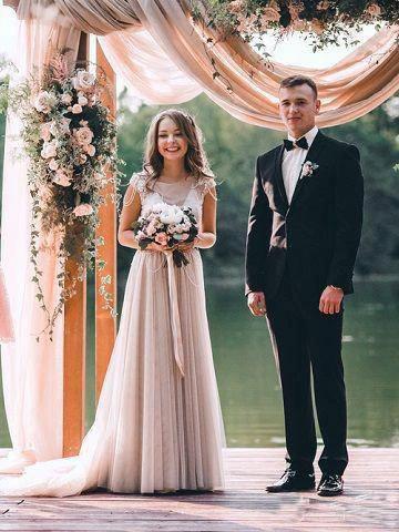 A-line Cap Sleeves Silver Long Tulle Beach Wedding Dress (ZD15387)