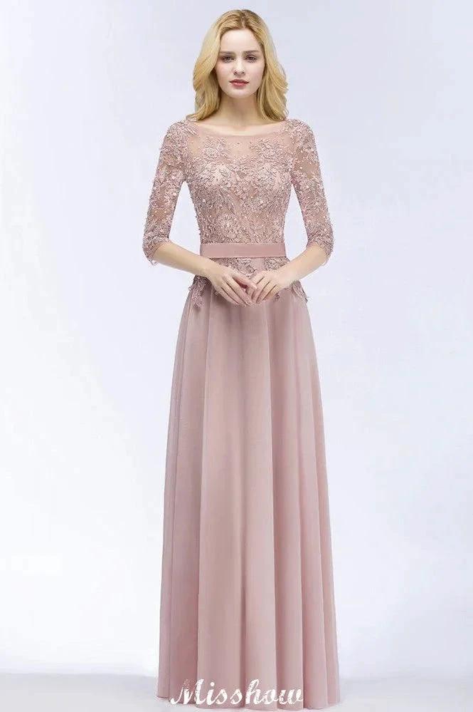 A-line Chiffon Appliques Bridesmaid Dresses Jewel Half-Sleeves Floor-Length Evening Gown with Sash (ZD12922)