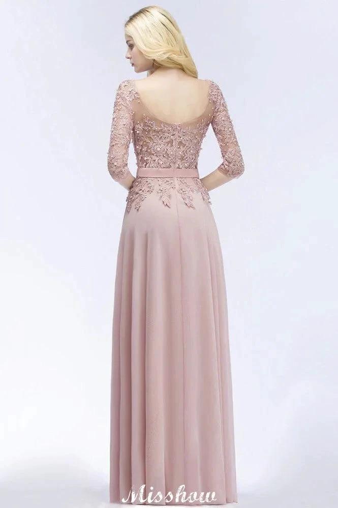 A-line Chiffon Appliques Bridesmaid Dresses Jewel Half-Sleeves Floor-Length Evening Gown with Sash (ZD12922)