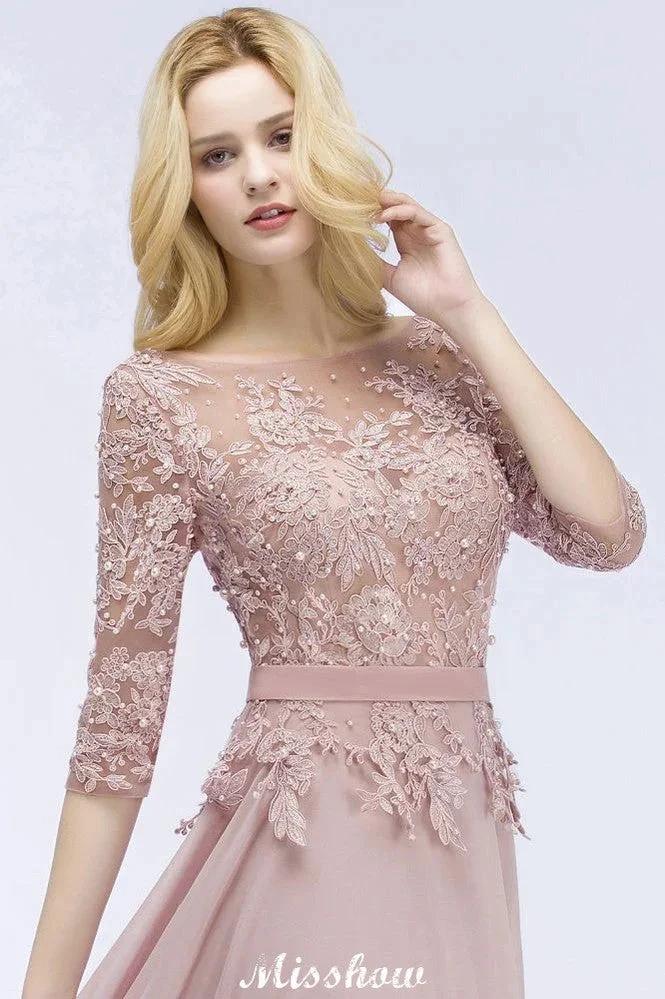 A-line Chiffon Appliques Bridesmaid Dresses Jewel Half-Sleeves Floor-Length Evening Gown with Sash (ZD12922)