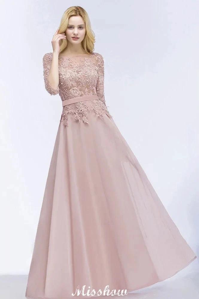 A-line Chiffon Appliques Bridesmaid Dresses Jewel Half-Sleeves Floor-Length Evening Gown with Sash by misshow.com