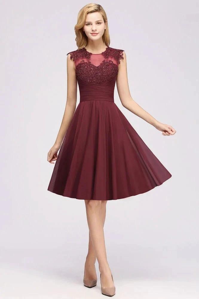 A-line Chiffon Appliques Jewel Sleeveless Knee-Length Bridesmaid Dresses with Ruffles by misshow.com