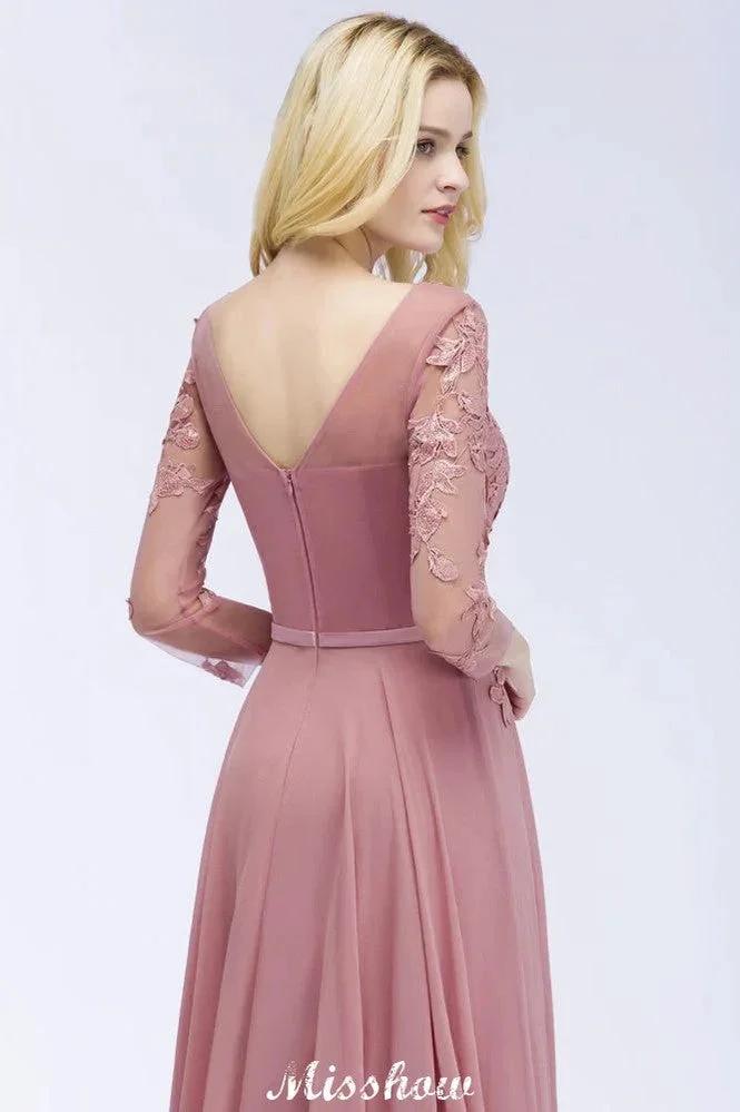 A-line Chiffon Floor-Length Bridesmaid Dress Appliques V-Neck Long-Sleeves Evening Dress (ZD12884)