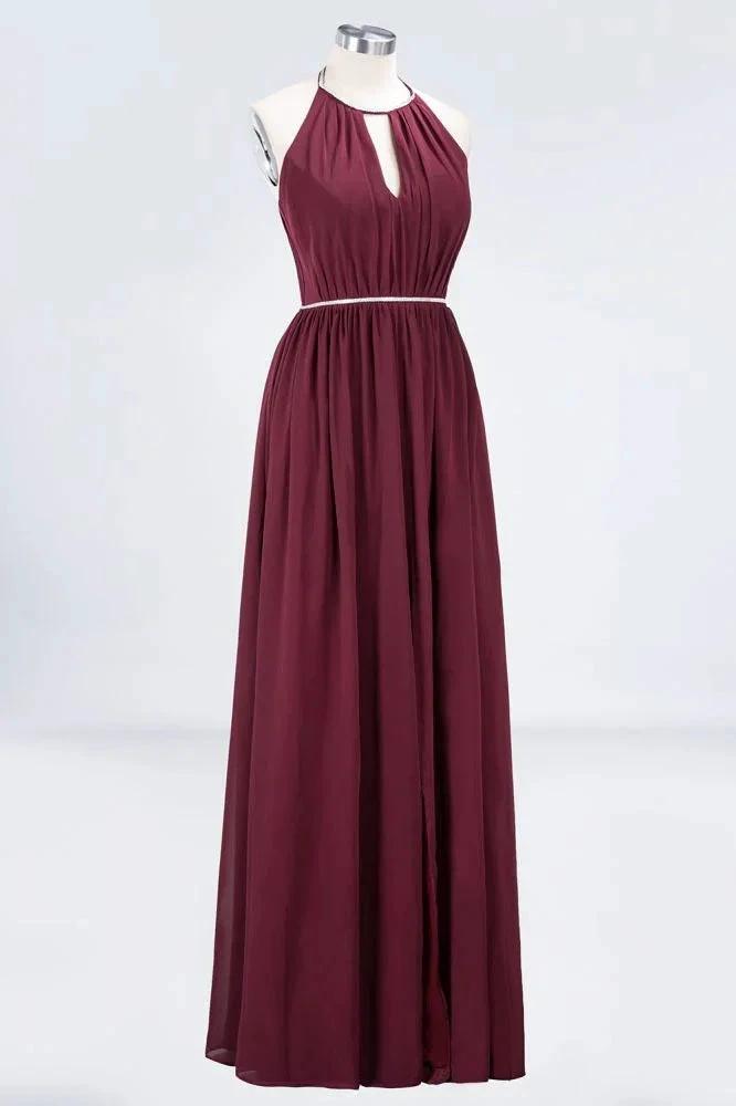 A-line Chiffon Halter Sleeveless Floor-Length Bridesmaid Dress with Beading Sash (ZD13115)