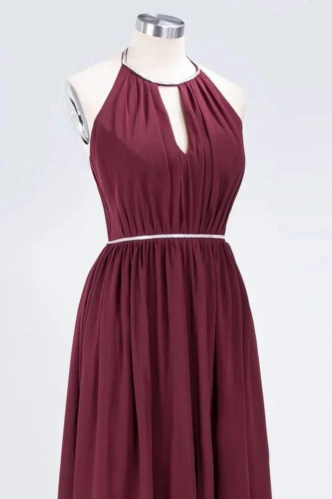 A-line Chiffon Halter Sleeveless Floor-Length Bridesmaid Dress with Beading Sash (ZD13115)