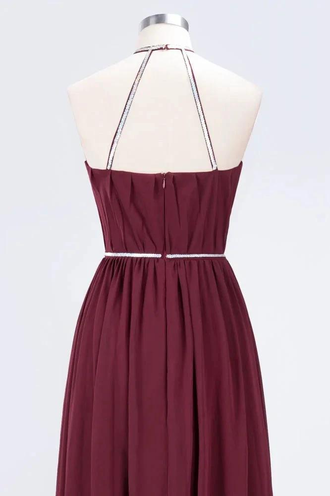 A-line Chiffon Halter Sleeveless Floor-Length Bridesmaid Dress with Beading Sash (ZD13115)