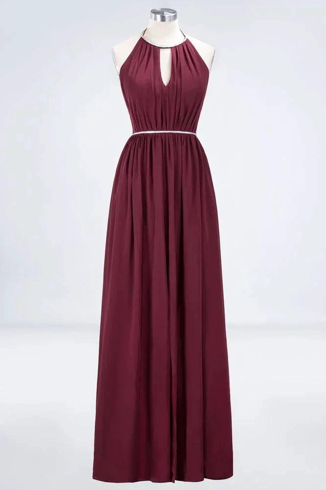A-line Chiffon Halter Sleeveless Floor-Length Bridesmaid Dress with Beading Sash by misshow.com