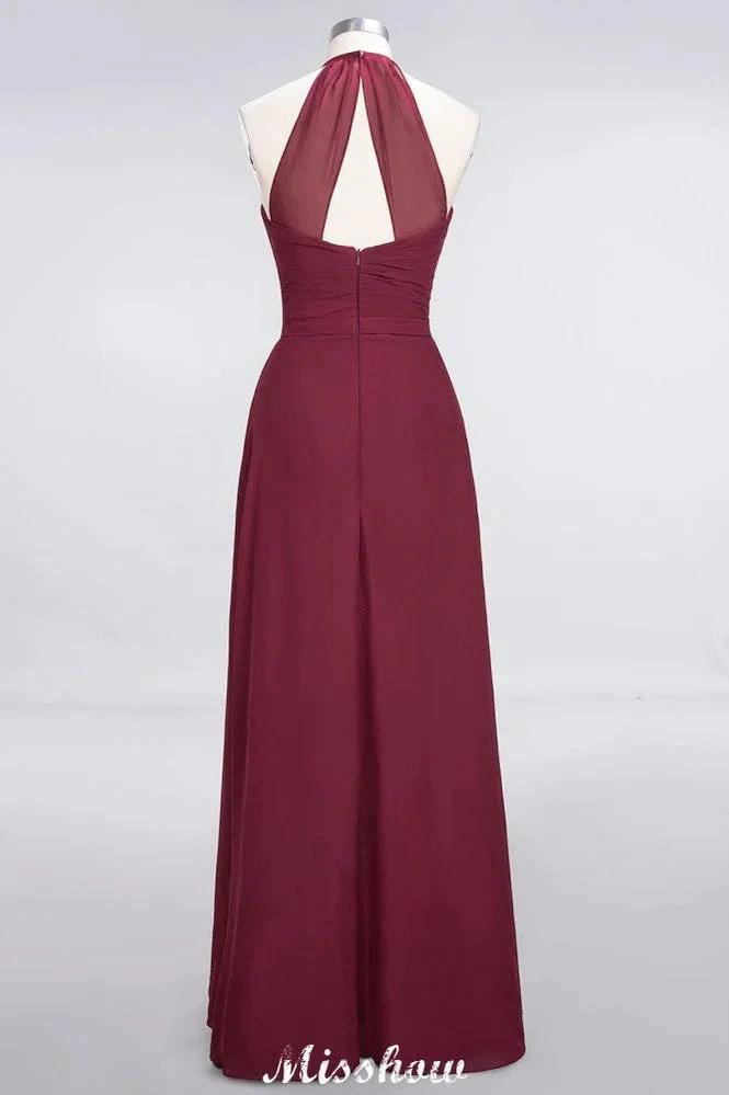 A-Line Chiffon Halter V-Neck Sleeveless Floor-Length Bridesmaid Dress with Ruffle (ZD12895)