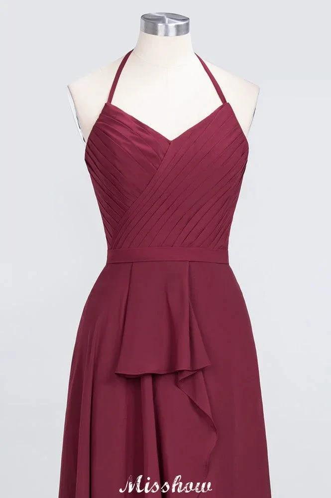 A-Line Chiffon Halter V-Neck Sleeveless Floor-Length Bridesmaid Dress with Ruffle (ZD12895)